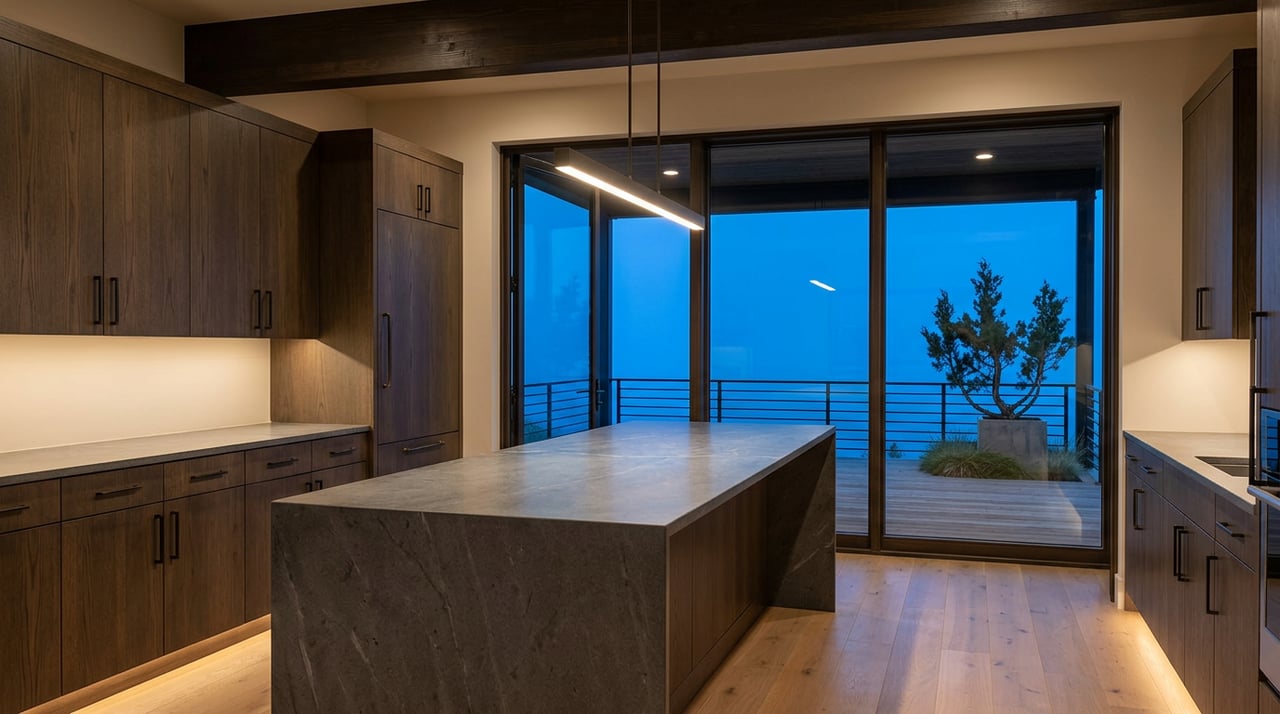 Dark oak kitchen with a gray soapstone island, pendant light, and glass doors opening onto a deck.
