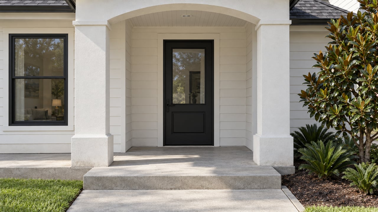 White-sided home with an arched covered entry, black door and window, concrete approach, and magnolia planting.