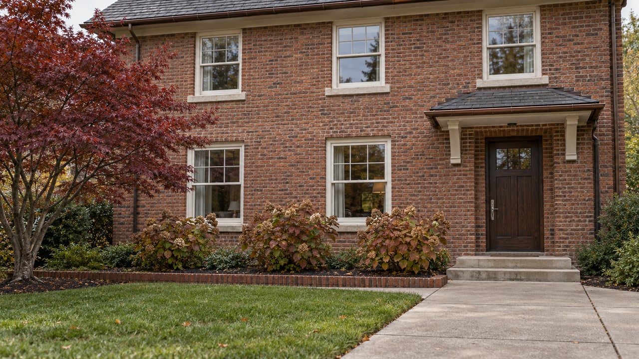 Brick house with slate roof, pale window frames, a dark wood entry door and autumn planting beside a concrete approach.