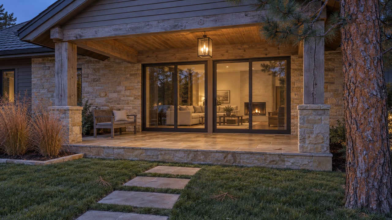 A timber-gabled patio with sandstone paving, closed glass doors and copper-colored autumn grasses in cool evening light.