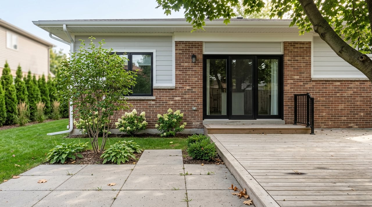 Backyard patio with cedar decking, concrete pavers, plantings, and a brick-and-siding home.