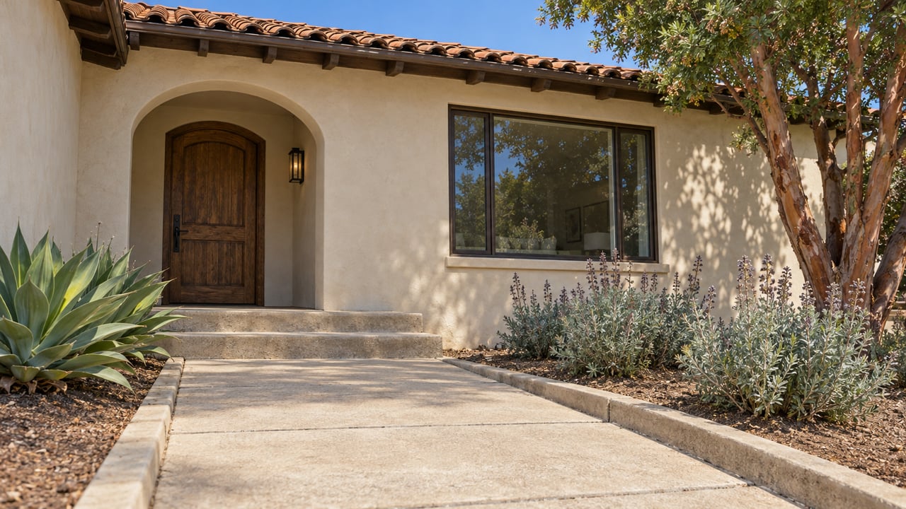 A sunlit stucco home with terracotta roof tiles, an arched oak entry, a bronze-framed window, and planted beds beside a concrete walk.