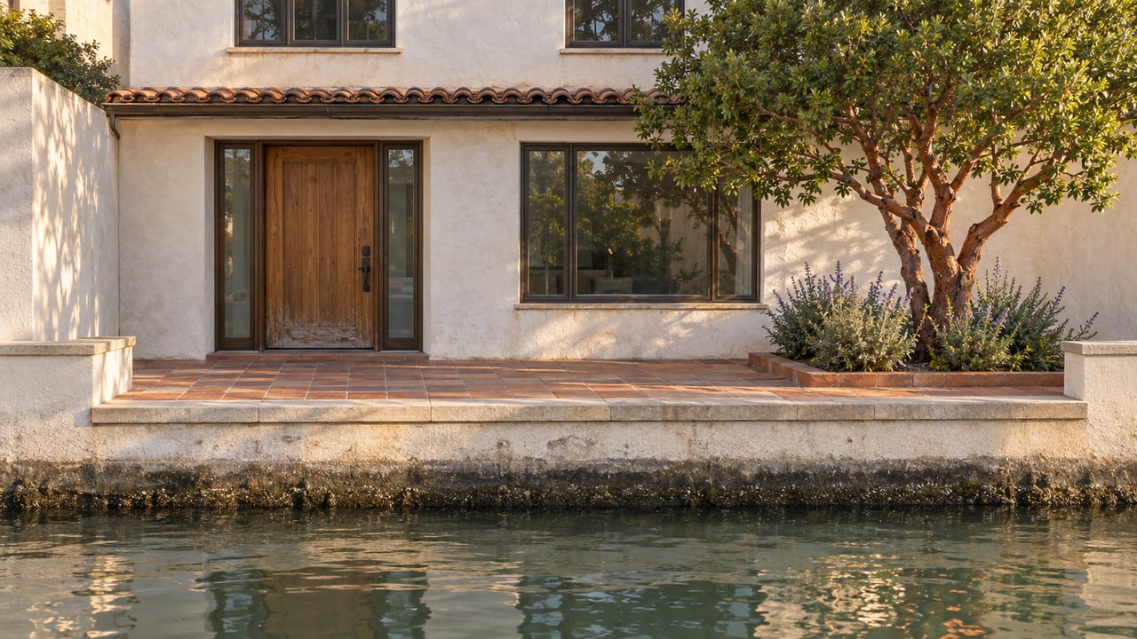 Warm-white stucco home with an oak entry, terracotta terrace and strawberry tree above a quiet water channel.
