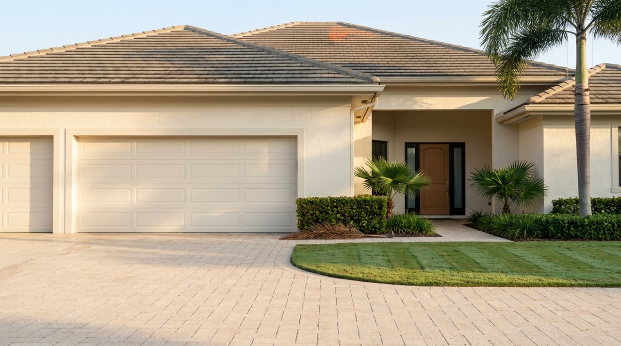 Paver driveway leads to a recessed wood-paneled entry beside a three-car garage, beneath a clay-tile roof.