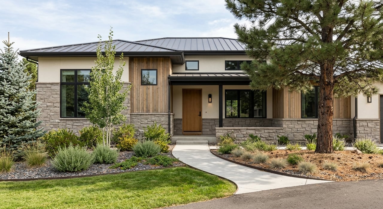 Modern single-family home with cream stucco, wood siding, stone veneer, and a landscaped front walk.