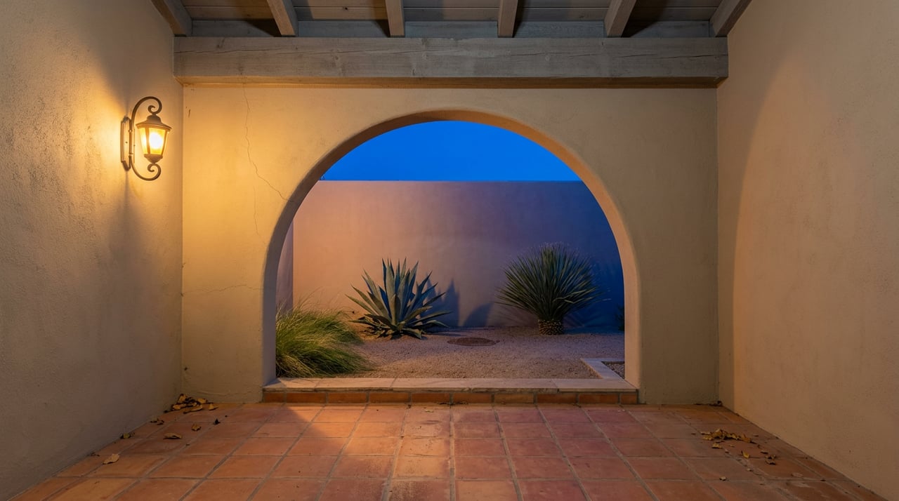 Stucco archway frames a walled courtyard with desert plants, terracotta tiles, and an amber sconce.
