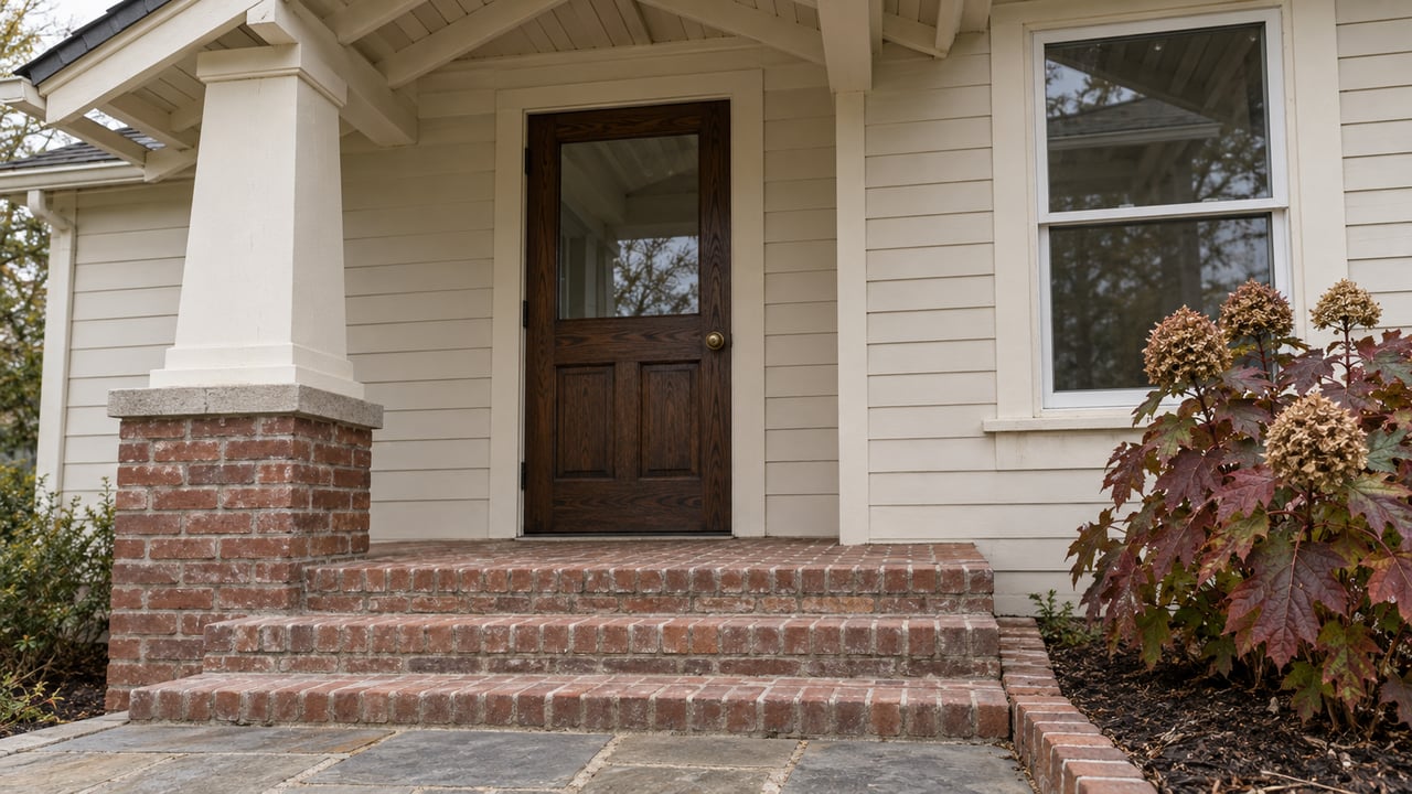 Cream-sided home entry with a glazed oak door, weathered red-brick porch steps and burgundy oakleaf hydrangea.