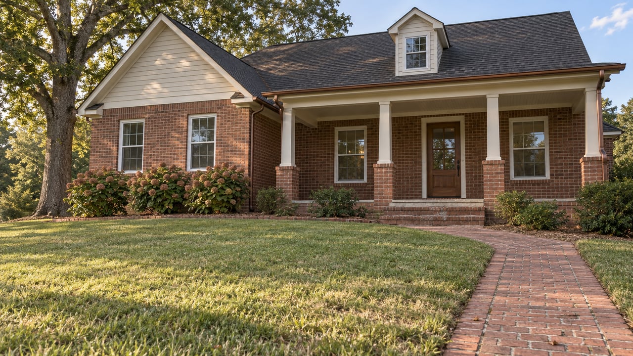 An established brick home with a covered porch and cream-sided gable above a broad sloping lawn and brick walkway.