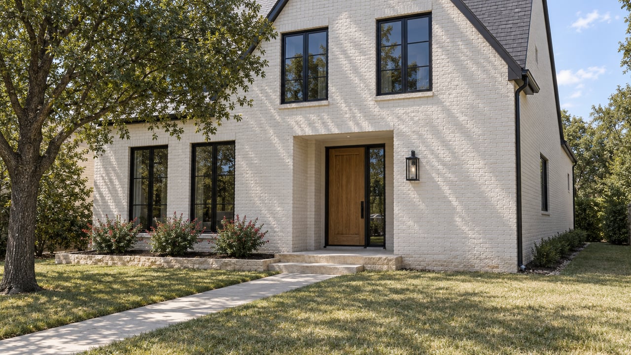 White-painted brick home with a steep dark gable, black-framed windows and a limestone entry beyond a deep lawn beneath a mature oak.