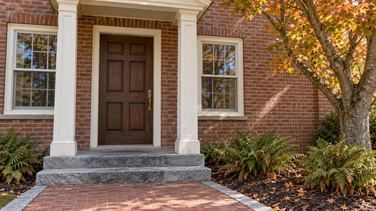 Red brick house entrance with an oak door, white timber portico, granite steps and amber maple foliage.