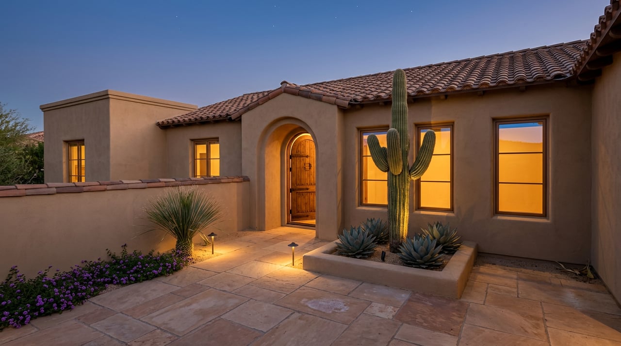 Desert villa courtyard with an arched wooden door, glowing windows, saguaro, and flagstone paving at dusk.