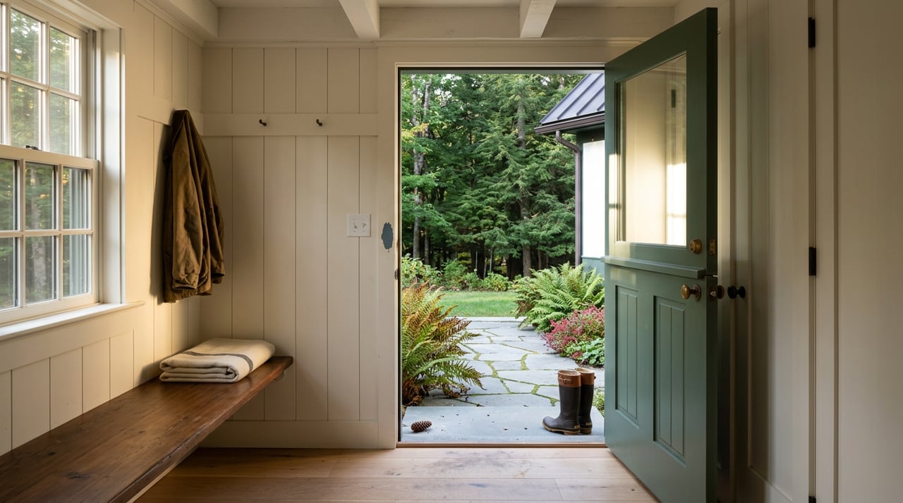 Green Dutch door frames a hemlock-lined flagstone path; boots rest at the threshold.
