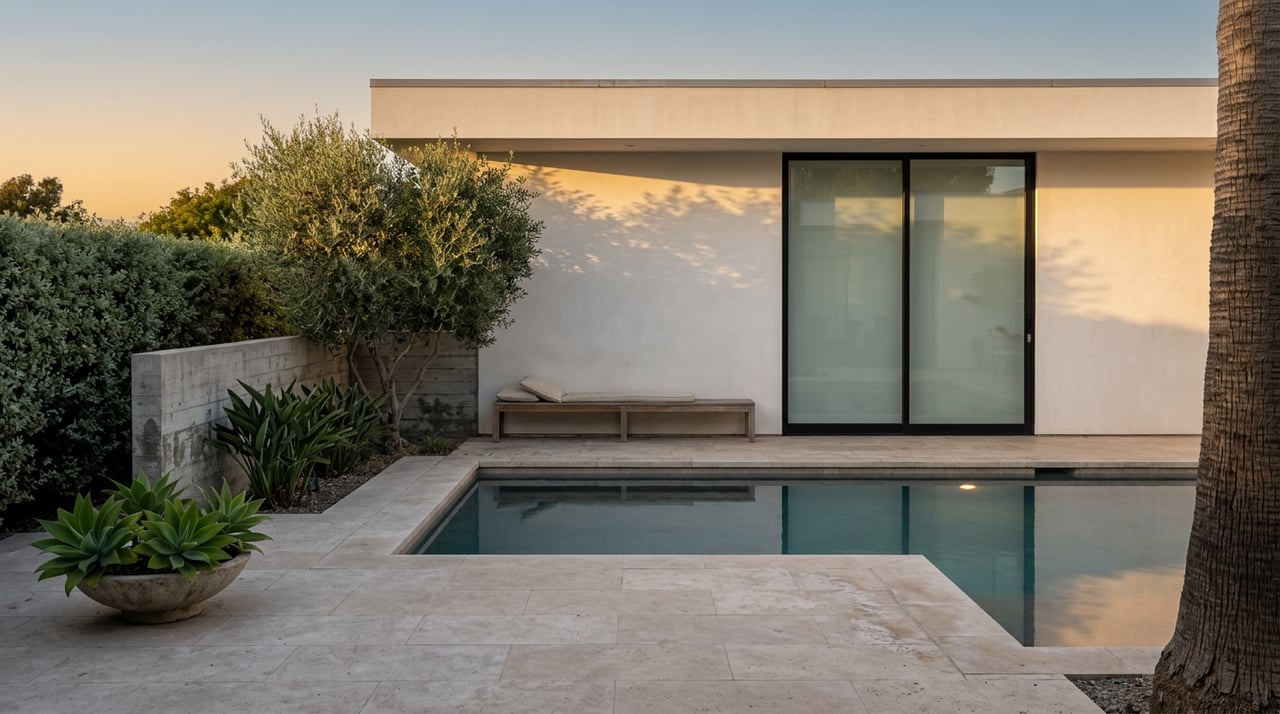 Travertine terrace overlooking a still pool, concrete retaining wall, and flat-roofed home, with olive tree and silver-green hedge.