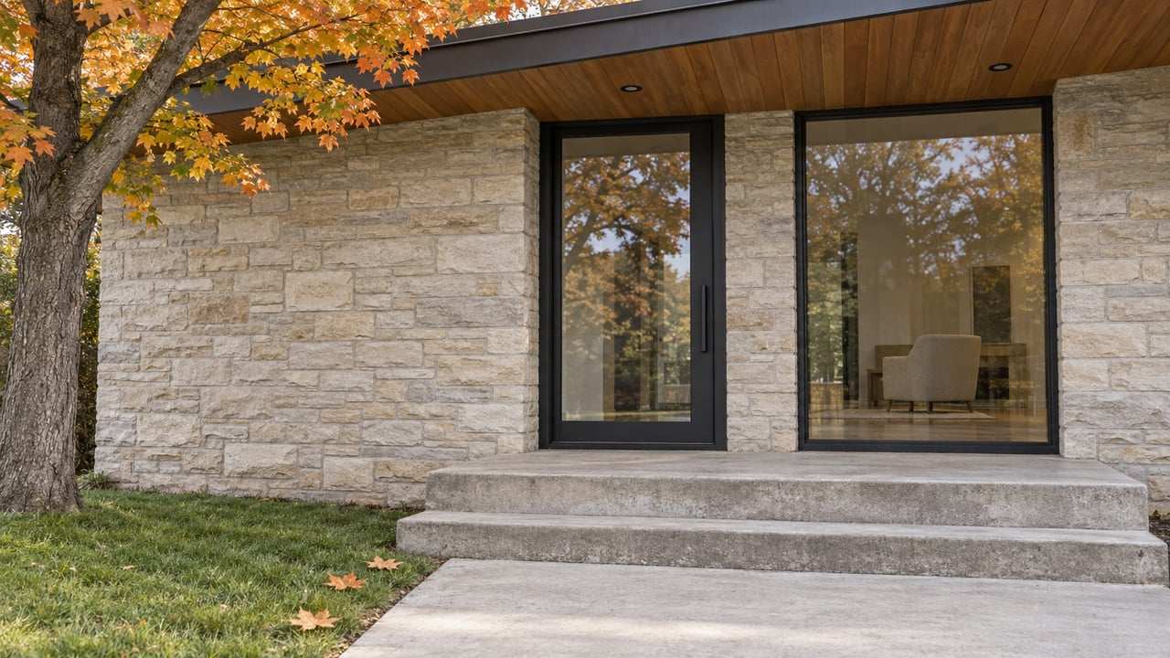 Modern stone home exterior with black-framed glass windows, concrete steps, and autumn leaves.