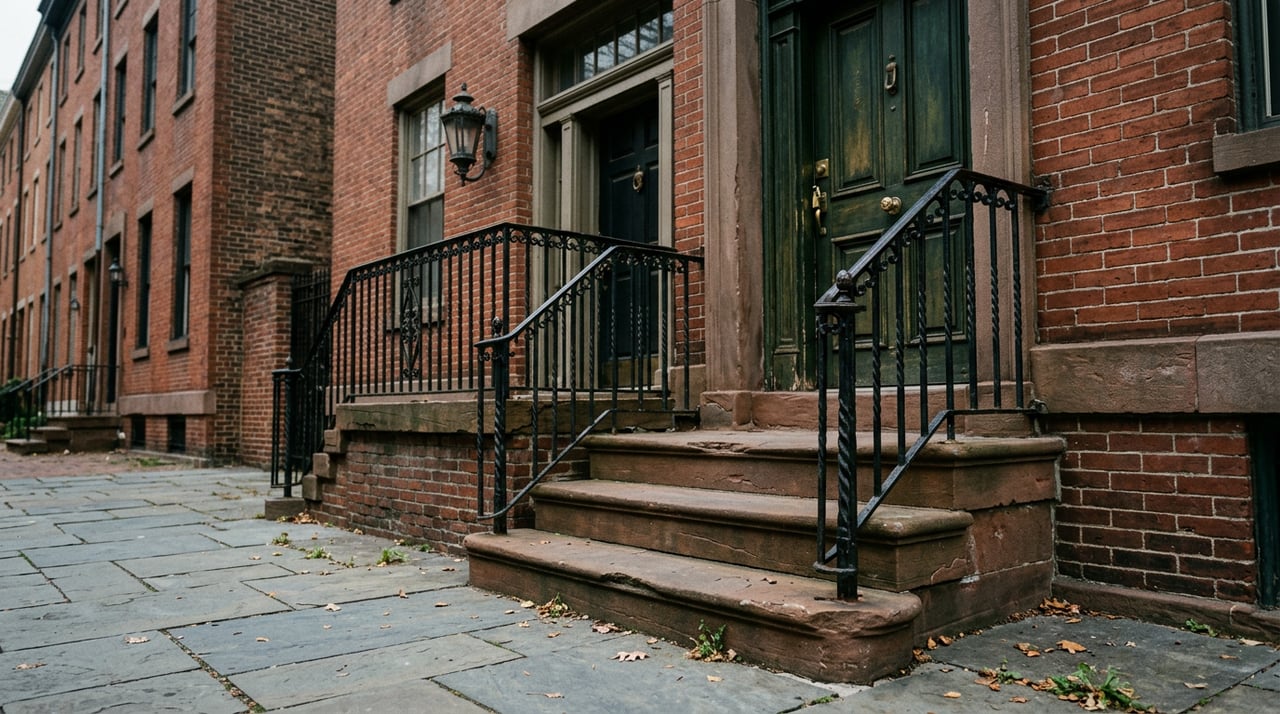 Brownstone rowhouse stoop with an iron stair rail casting shadows across stone steps.