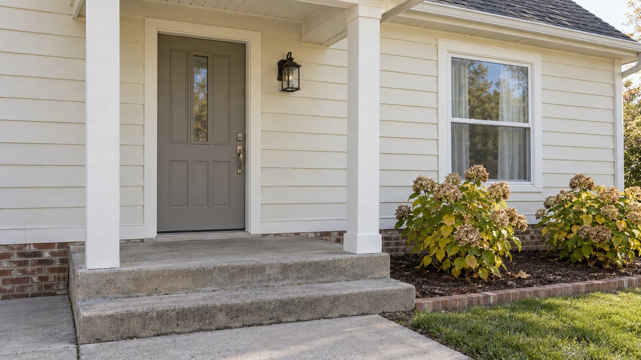 Sunlit ivory-sided home entry with a gray front door, white-trimmed window, concrete steps, and drying hydrangea flowers.