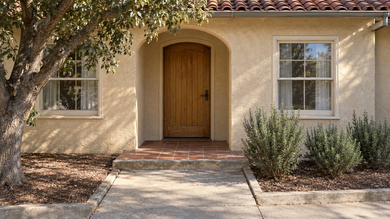 Sun-aged stucco home with a recessed wooden entrance, terracotta porch, oak canopy, and rosemary beside a concrete walk.