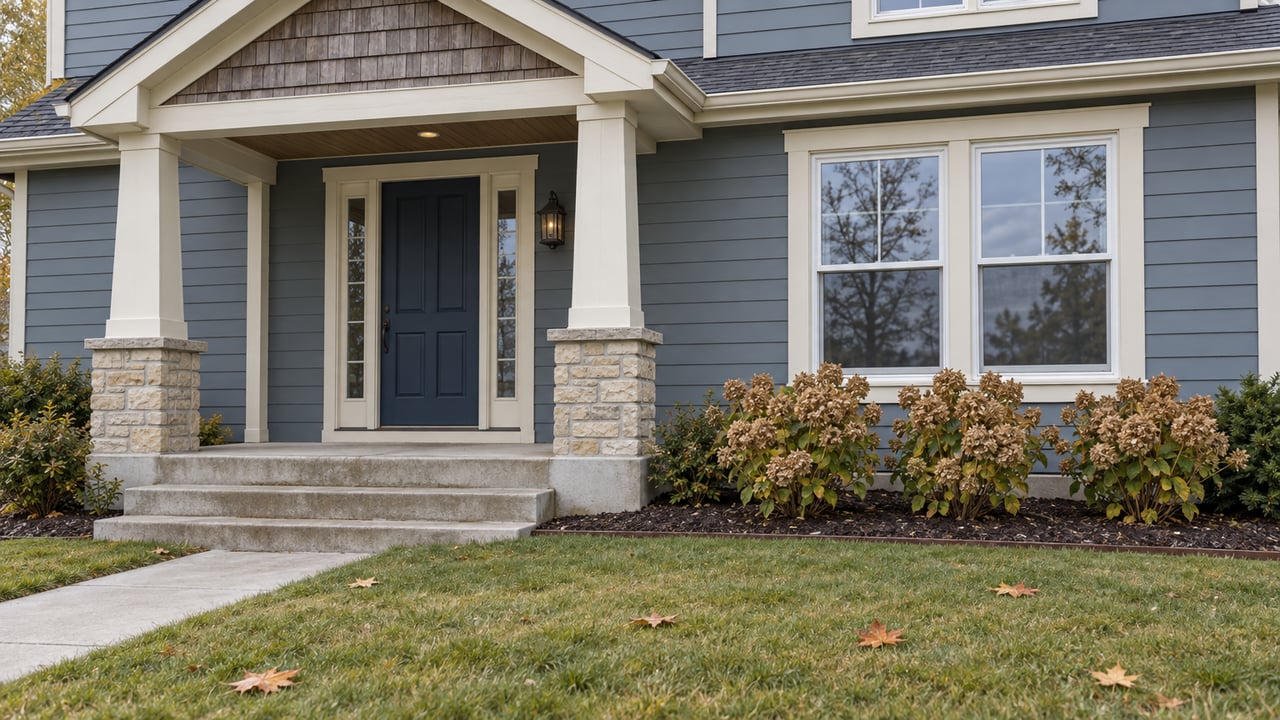 Blue-gray sided home with a covered gabled porch, navy front door, limestone column bases and autumn hydrangeas beside a concrete approach.