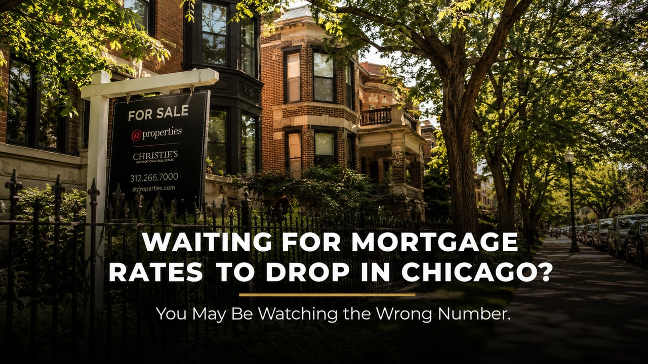 Chicago residential street with for sale sign in front of brick two-flat in summer