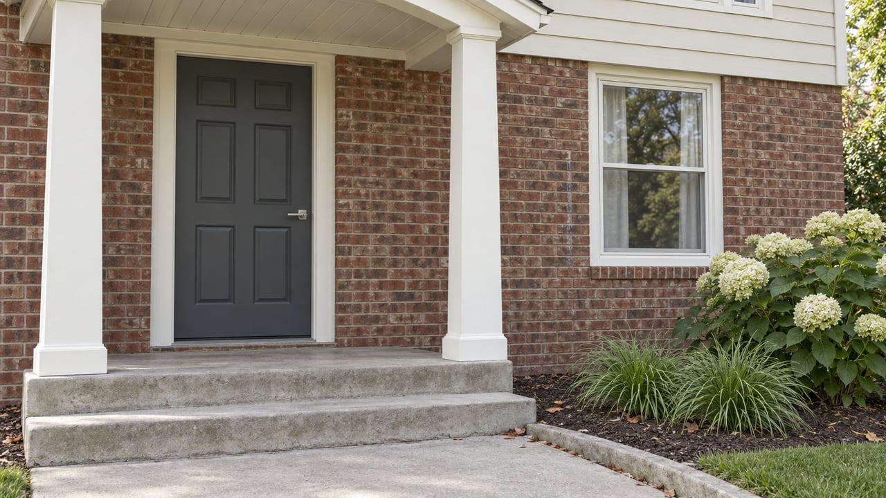 Suburban house entry with a charcoal six-panel door, red-brown brick, white-trimmed window, and concrete steps.
