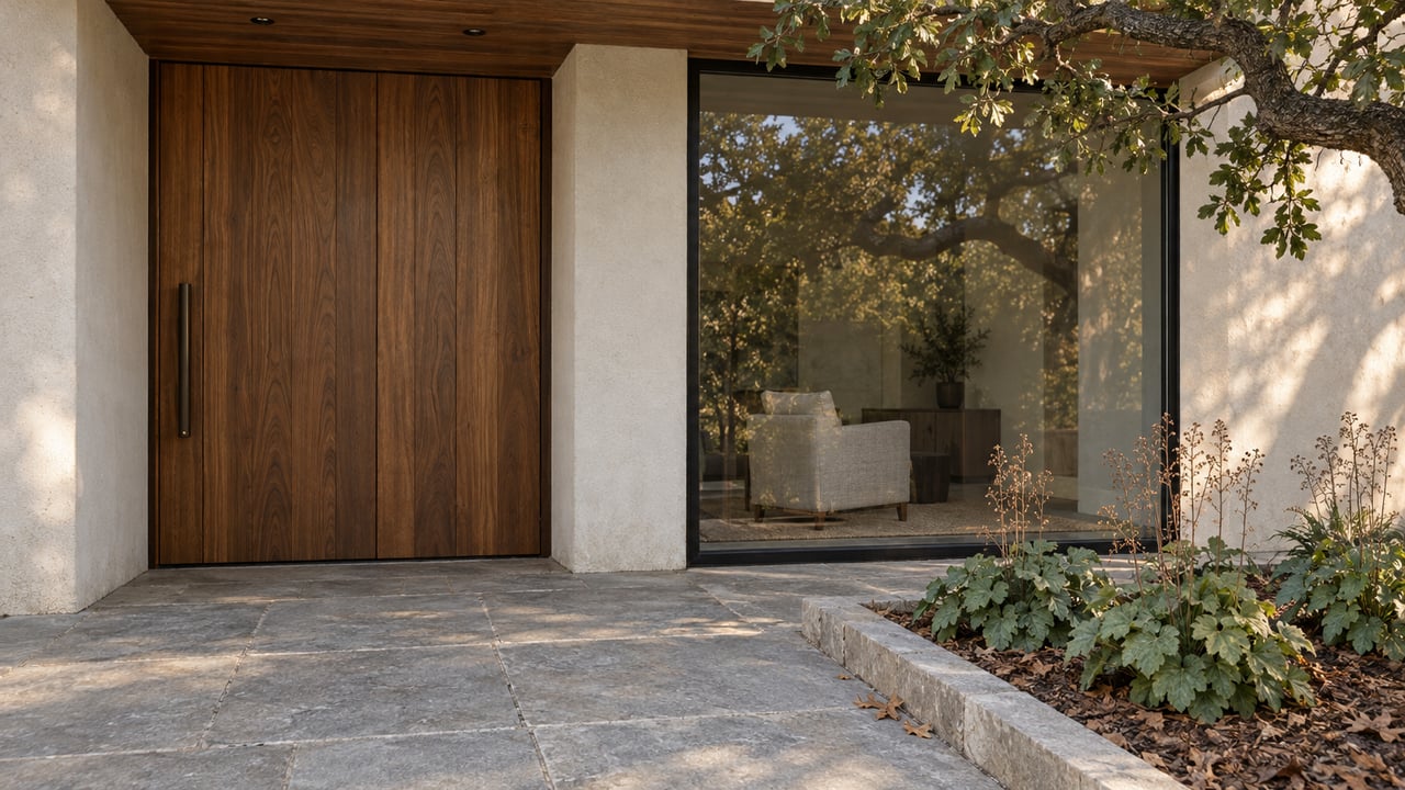 Walnut entry door and black-framed glazing beneath a cedar overhang, with limestone paving and an oak branch.