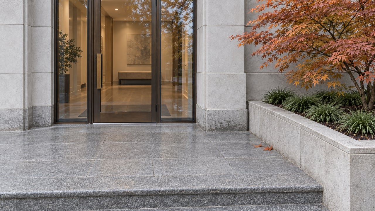 Limestone-clad condominium entrance with bronze-framed glass, a granite landing and a copper-leaved Japanese maple in a raised stone bed.