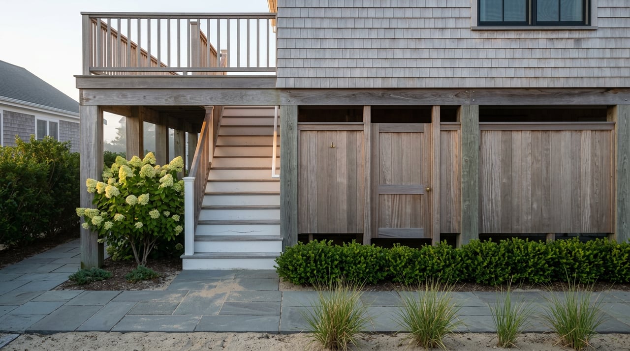 Raised coastal home entry with white stairs, weathered pilings, cedar shower, hydrangea, and bluestone path.