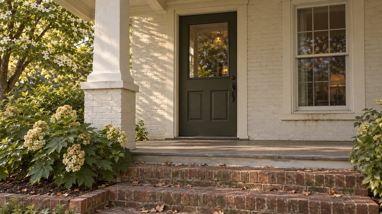 Cream-brick house porch with a dark olive door, sash window, worn steps, and leafy plants.