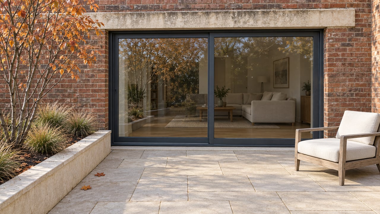 Weathered brick home with closed dark-framed glass doors opening visually onto a limestone terrace, teak chair and copper-leaved serviceberry.