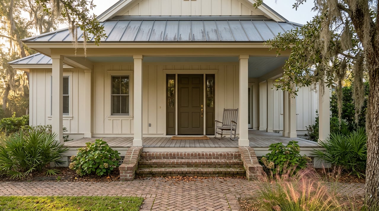 Brick steps lead to a covered porch with a bronze-green door, rocking chair, and Spanish moss-draped live oak.