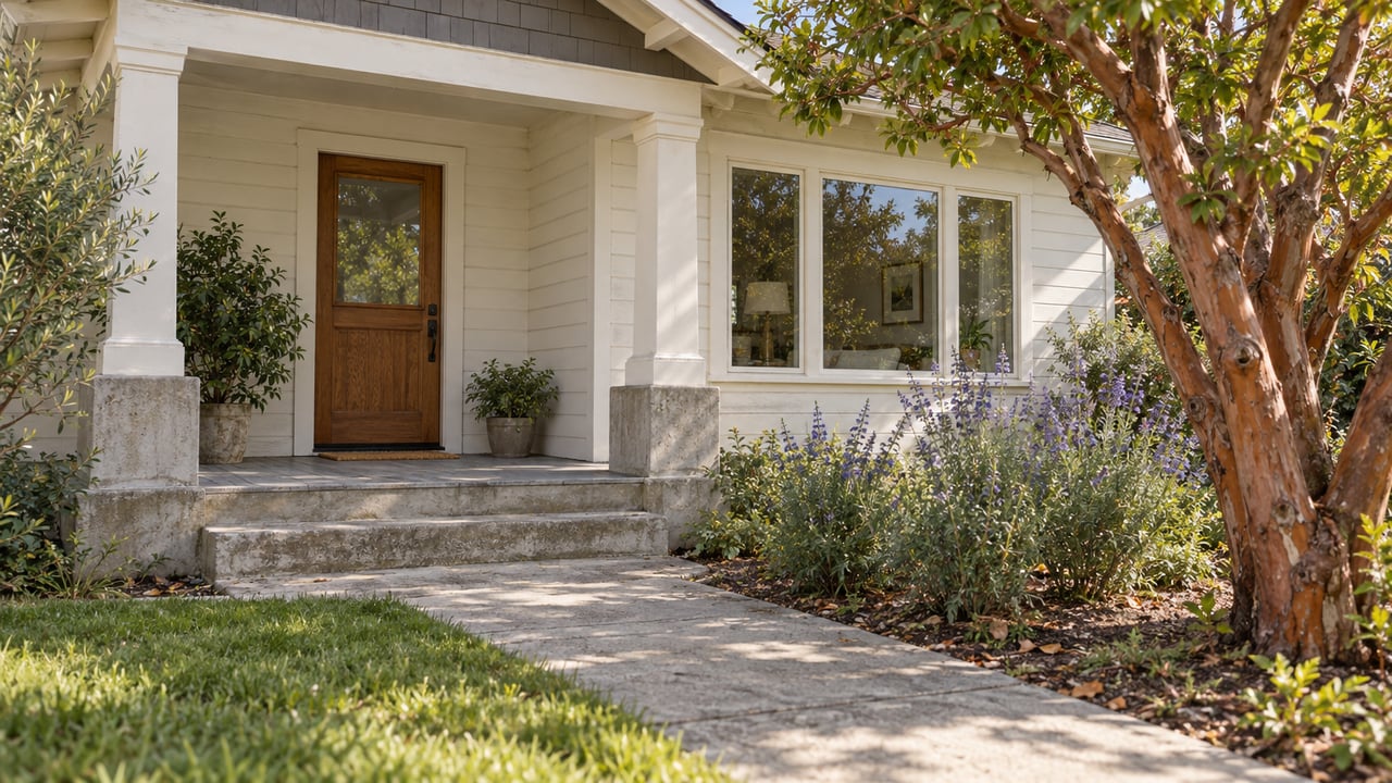 Sunlit wood-sided home with a raised front porch, oak door and a small garden beside a concrete approach.