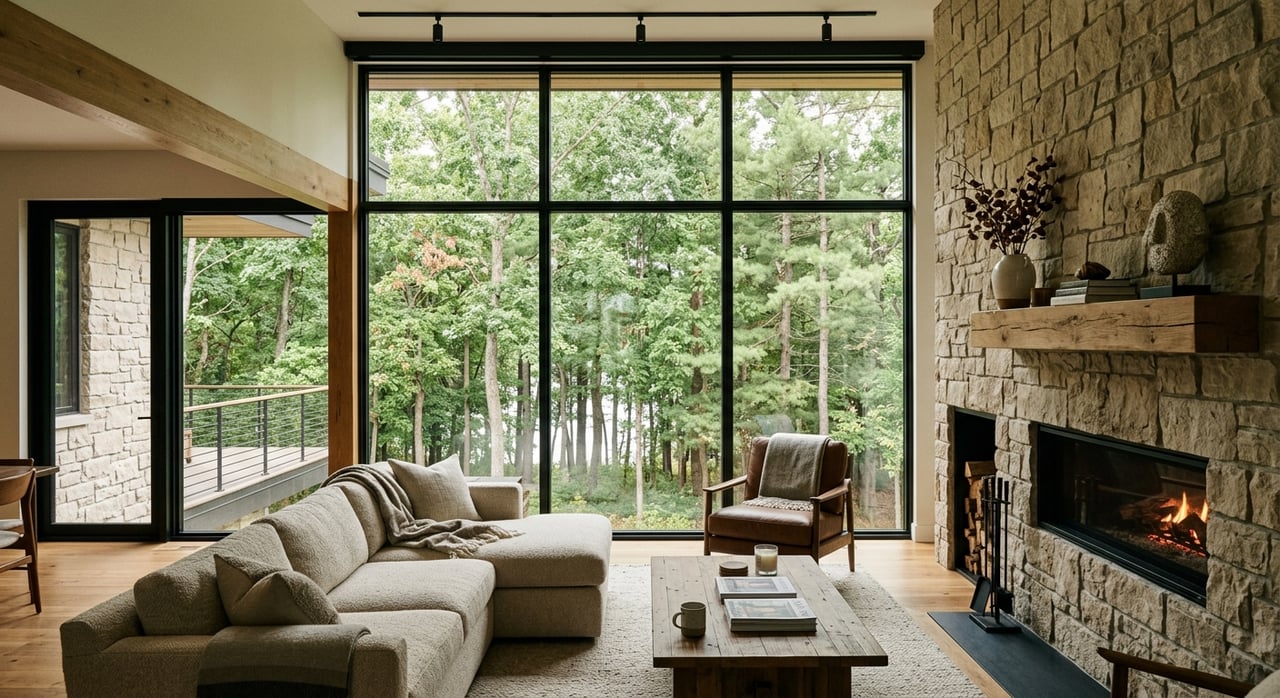 Great room with limestone fireplace, oak floors, and windows overlooking trees with a glint of water.