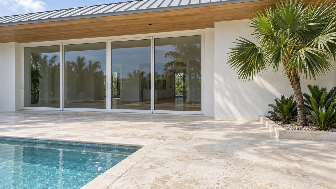 Pale limestone pool terrace beside a white stucco home with closed glass doors, a wood soffit and a sculptural fan palm.