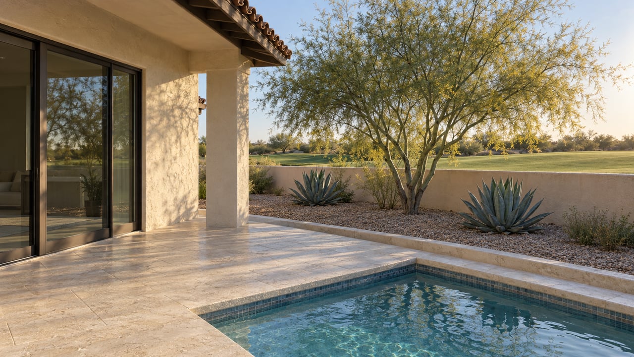 Cream stucco patio with a pool edge, gravel planting, airy tree, and fairway beyond a low wall.