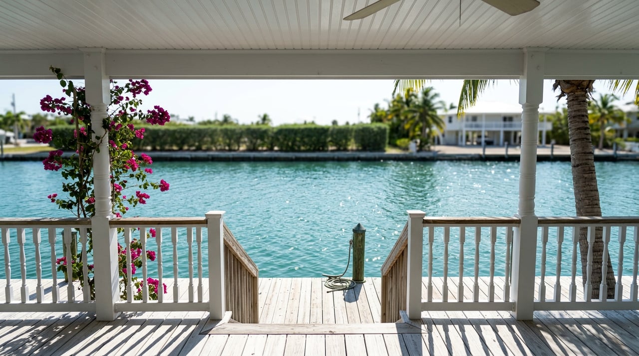 White veranda railing overlooks a sunlit turquoise canal, with weathered decking and magenta bougainvillea framing the view.