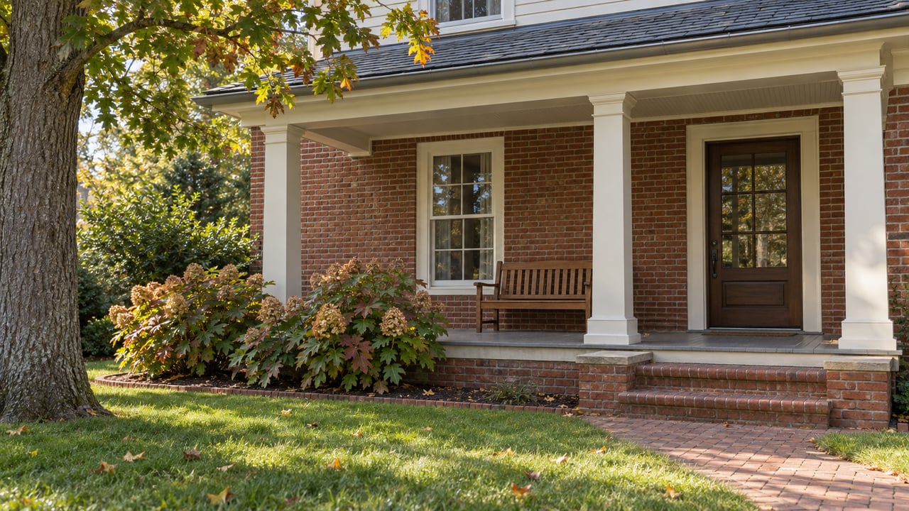 Sunlit brick house porch with cream timber columns, worn brick steps, a wooden bench, and oakleaf hydrangeas beside a broad lawn.