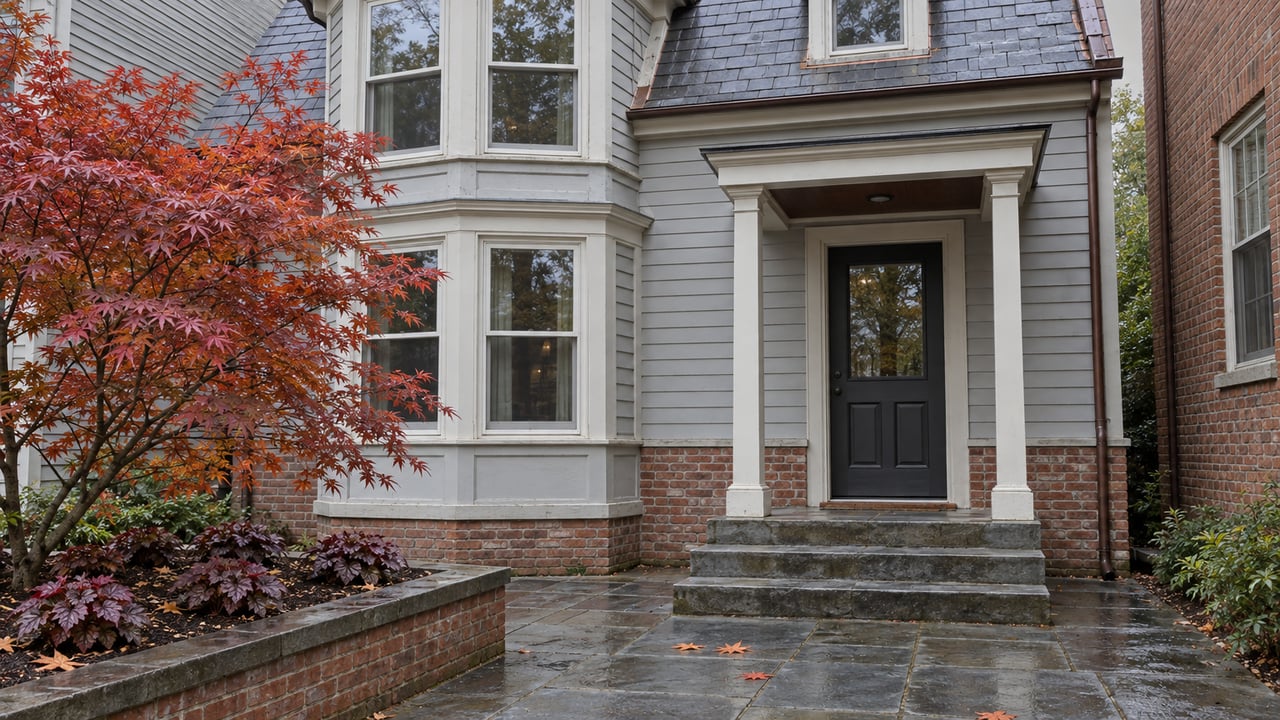 Gray clapboard home with projecting bay windows, worn bluestone entry steps and a burgundy-orange Japanese maple in a raised brick planting bed.