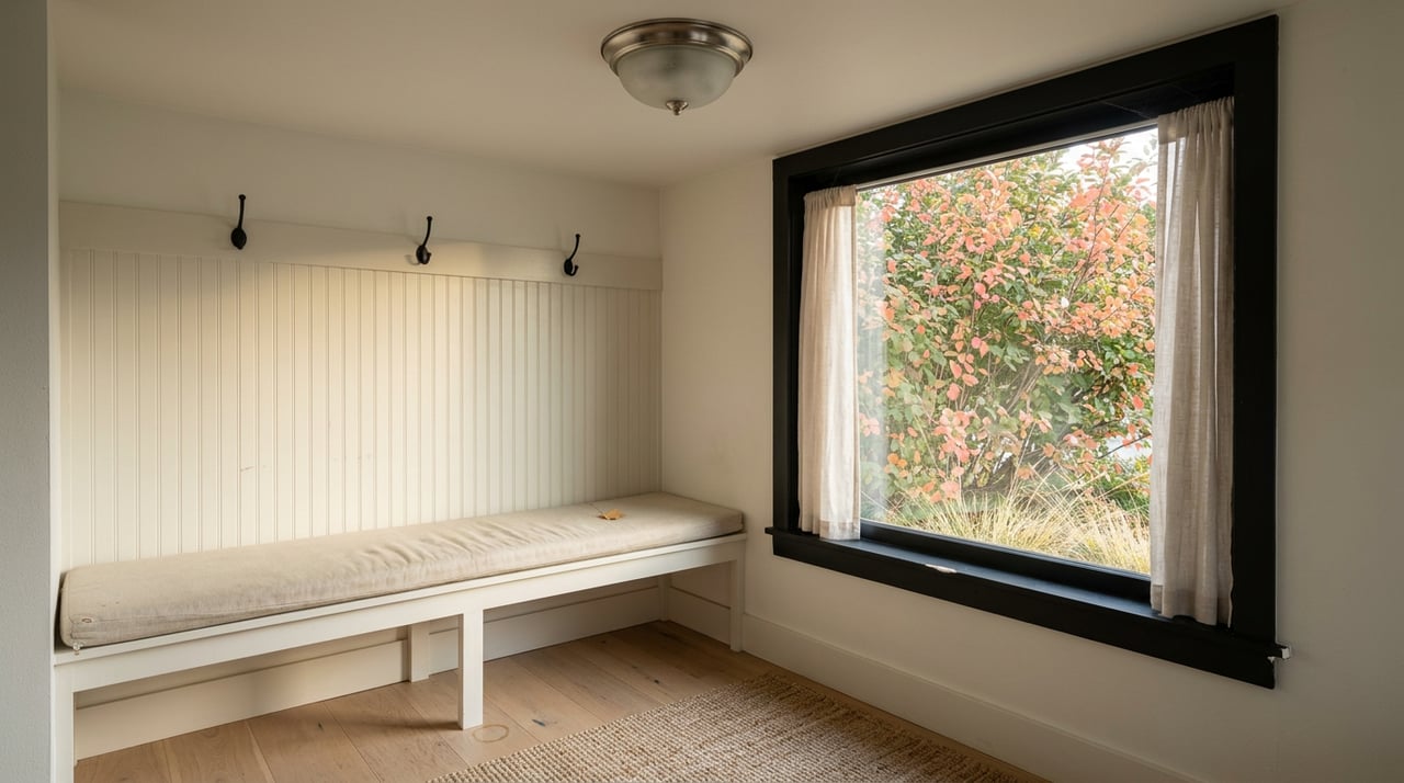 Entry nook with beadboard bench, three empty black hooks, and window filled with coral-tinted foliage.
