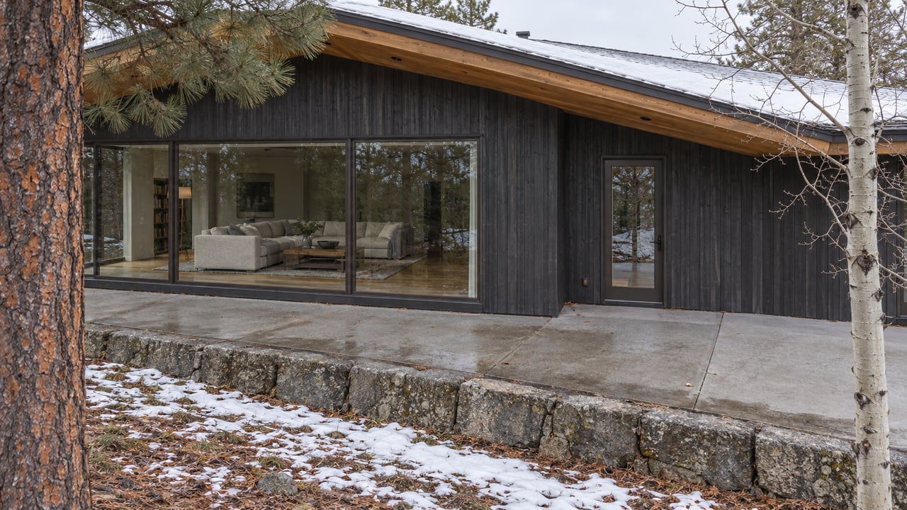 Charcoal timber home with broad wood soffits and enclosed glass living room beside a concrete terrace, granite curb and patchy snow among a pine and bare aspen.