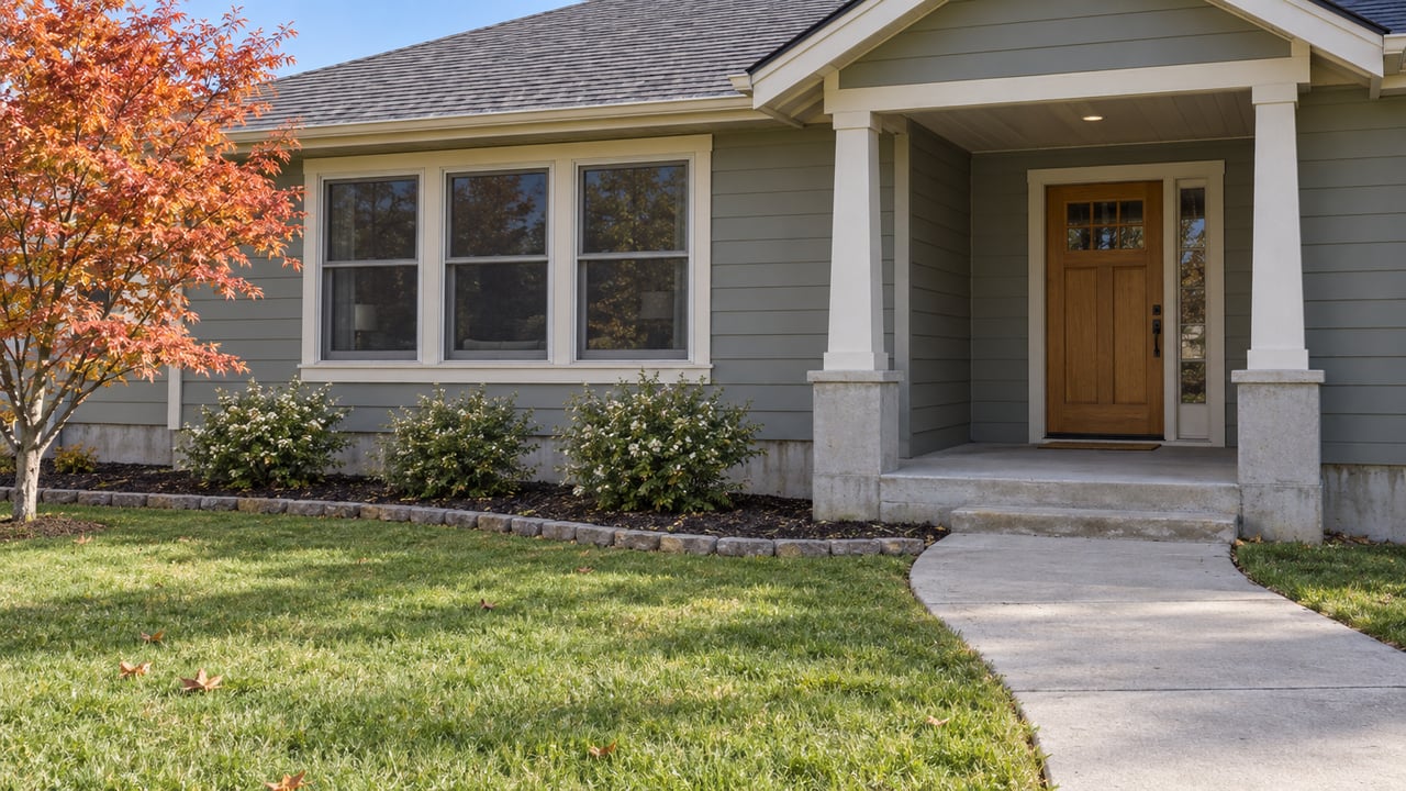 Gray-green single-story home with a covered wood-door entry, broad front lawn, and an orange-red maple in crisp fall daylight.