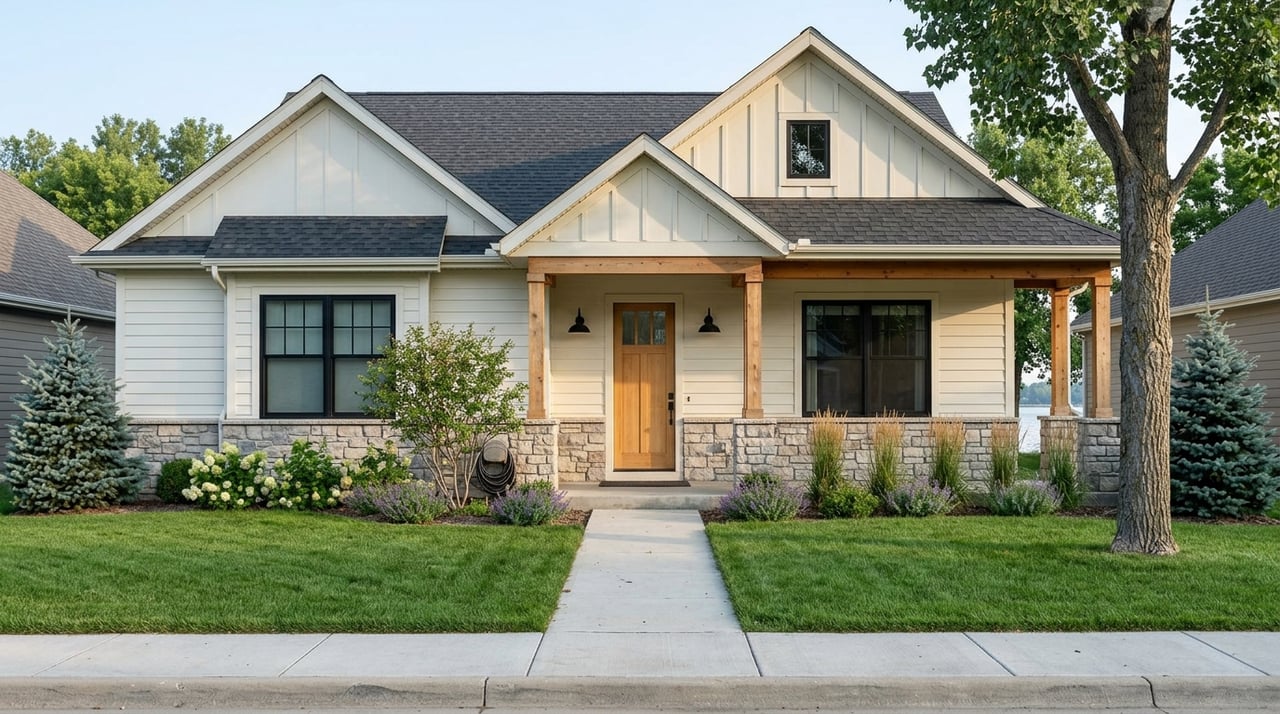 Upscale craftsman farmhouse with manicured landscaping and a subtle water feature beside the front approach.