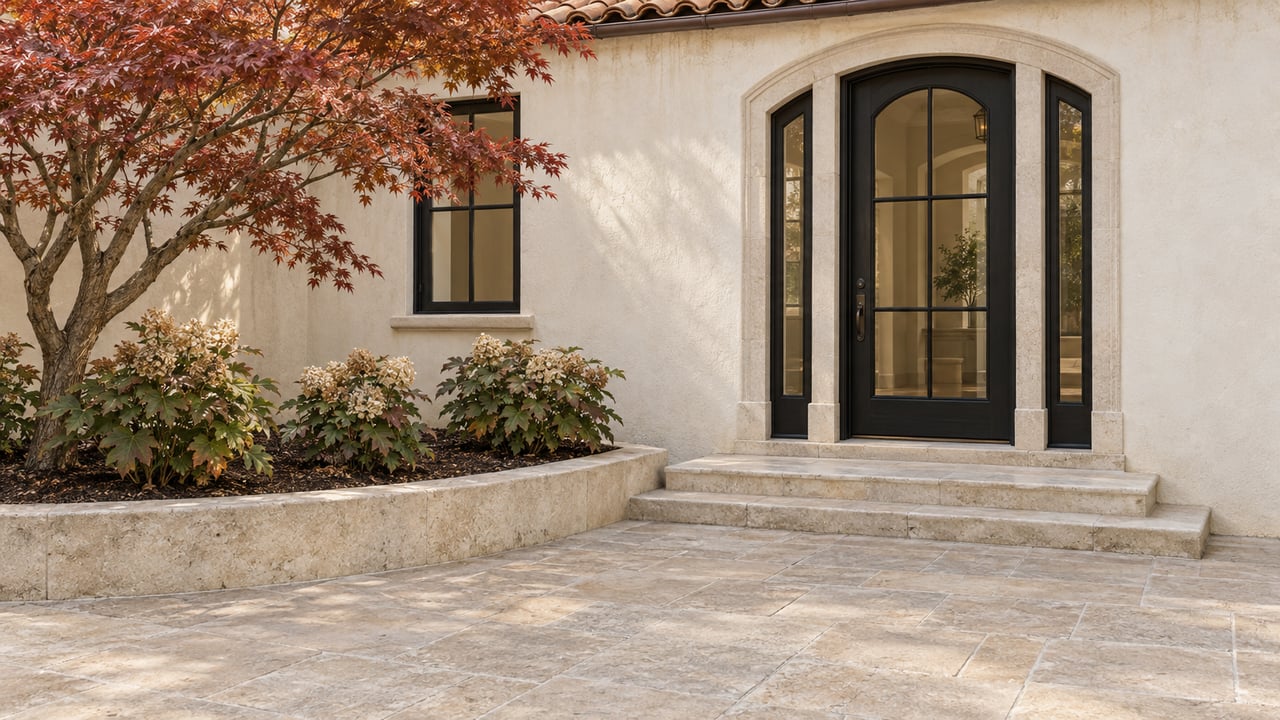 An ivory stucco home's arched glazed entrance opens onto a limestone courtyard beside a Japanese maple and oakleaf hydrangeas.