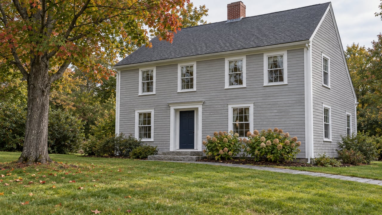 Light-gray clapboard house beyond a deep autumn lawn, with a red maple, granite entry steps and a bluestone approach.