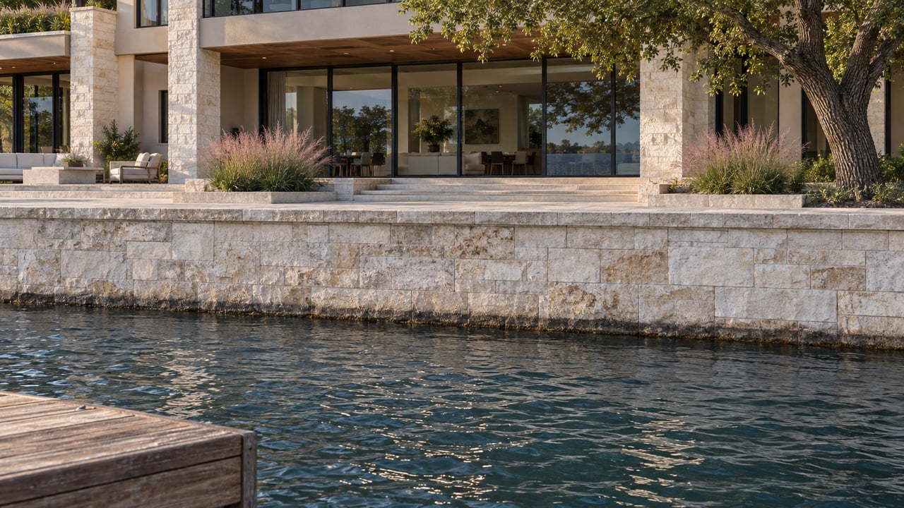 Waterfront house above a pale limestone retaining wall, viewed across rippled water from a wooden dock.