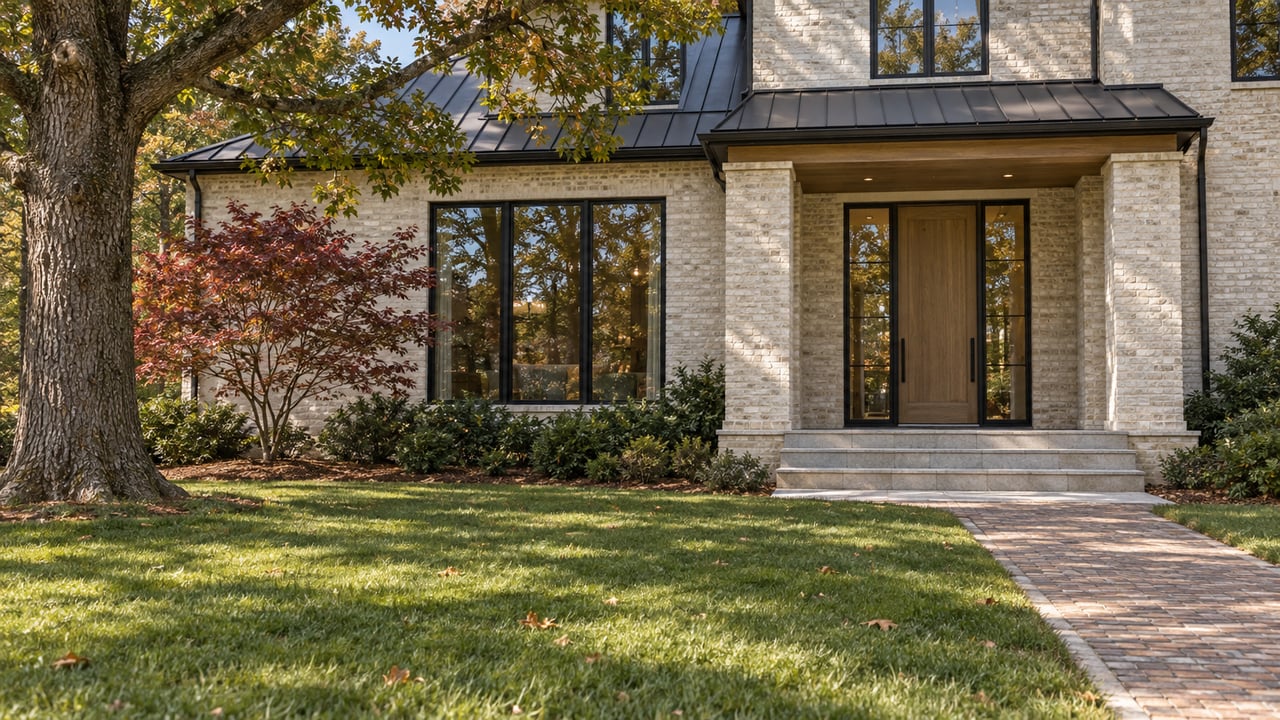 Ivory brick home with steel-framed windows, limestone porch steps and a deep lawn beneath autumn oak branches.