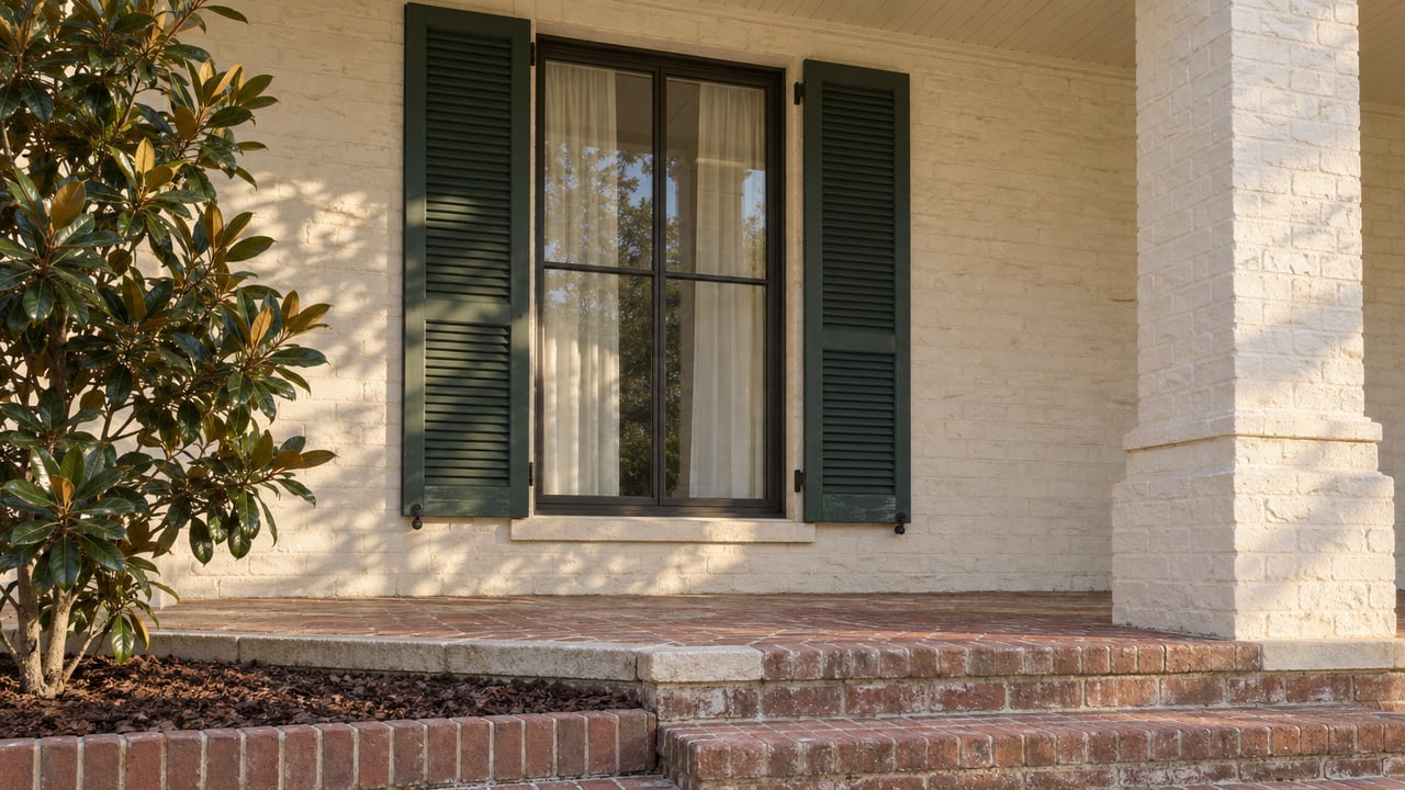 Morning light crosses an ivory brick gallery with green shutters, worn brick steps and glossy magnolia leaves.