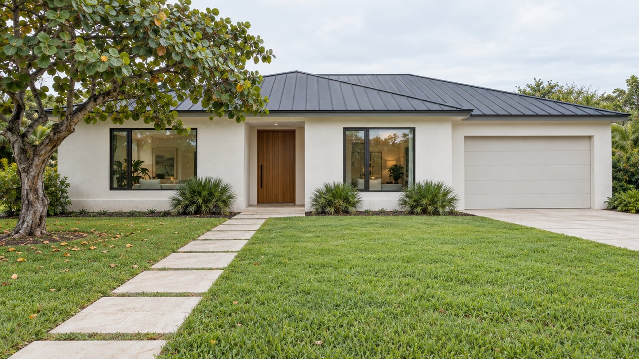Single-story stucco home with a charcoal roof, recessed wood door, garage, and paver path across a deep lawn.