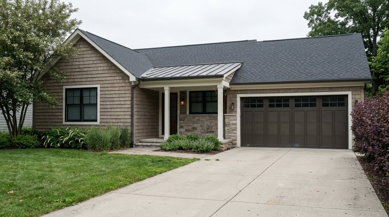 Suburban cedar-shingle house with stone entry, attached two-car garage, lawn, and mature trees.