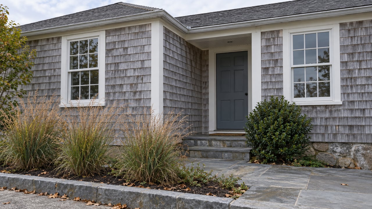 Detached silver-gray shingled house with white-trimmed windows, a recessed entry, and grasses beside a bluestone path.