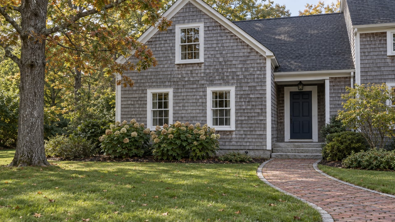Weathered gray shingle home with white-trimmed windows, a navy entry door, a curved brick walk and established autumn planting.